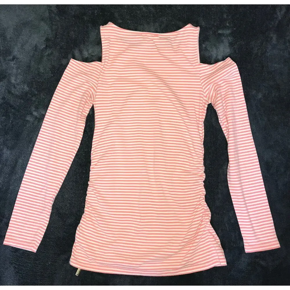 Michael Kors Womens Sz Small Long Sleeve Striped Cold Shoulder Top Zipper Detail